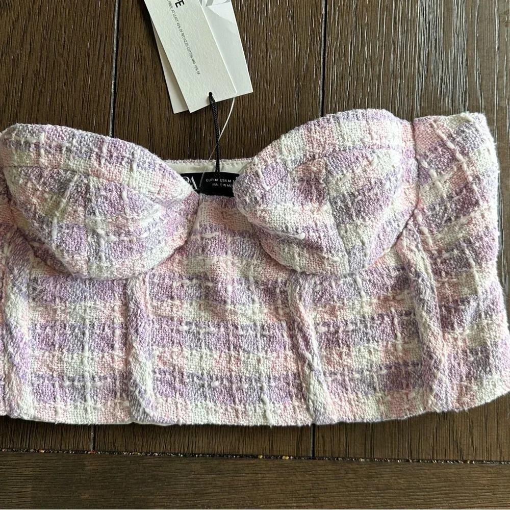 Zara Corset Half Textured Pink Purple Size M Top Crop top Bustier Tweed Plaid - Picture 7 of 7